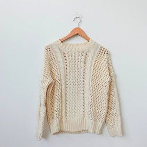 Anthropologie Sweater XS Cream‎ Cable Knit Open Boho Thick Neutral Jumper dRA
